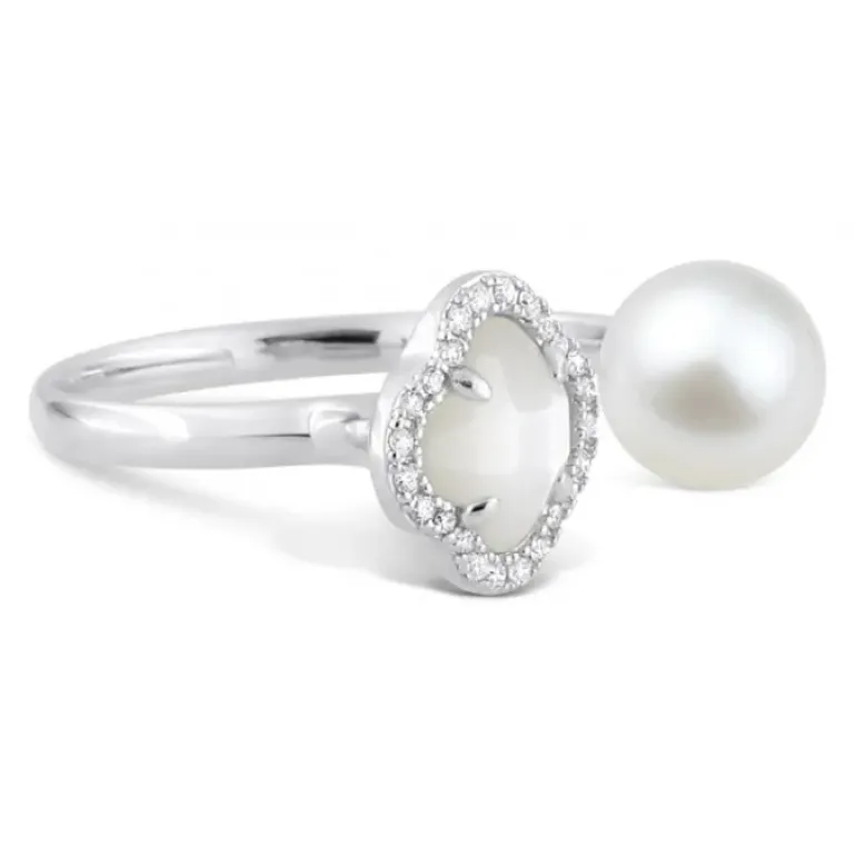 BAGUE VICTORIA PERLES ET NACRE BLANCHE + DIAMANTS OR BLANC