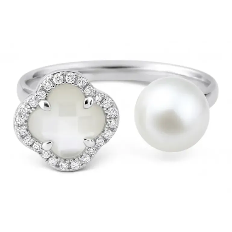 BAGUE VICTORIA PERLES ET NACRE BLANCHE + DIAMANTS OR BLANC