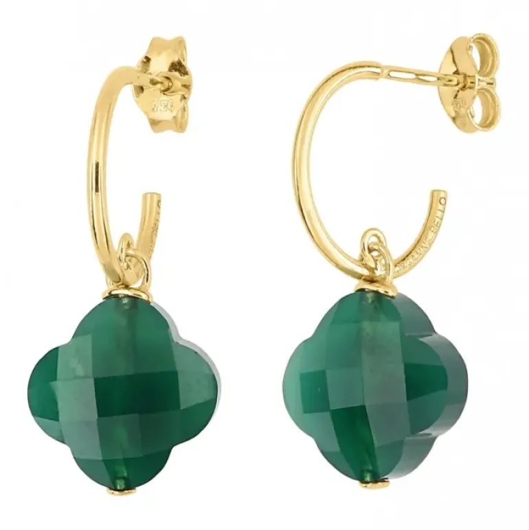 BOUCLES D'OREILLES AGATE VERTE PETIT TREFLE OR JAUNE