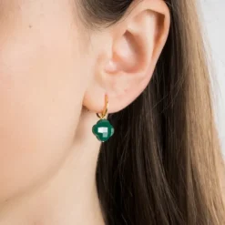 BOUCLES D'OREILLES AGATE VERTE PETIT TREFLE OR JAUNE
