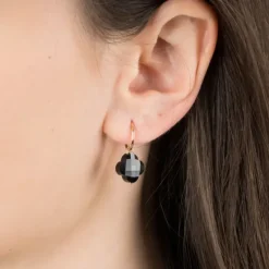 BOUCLES D'OREILLES ONYX PETIT TREFLE OR ROSE