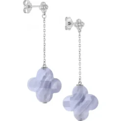 BOUCLES D'OREILLES PENDANTES AGATE BLEUE DENTELLE + DIAMANTS OR BLANC