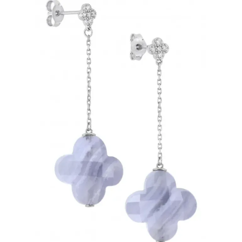 BOUCLES D'OREILLES PENDANTES AGATE BLEUE DENTELLE + DIAMANTS OR BLANC