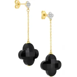 BOUCLES D'OREILLES PENDANTES ONYX + DIAMANTS OR JAUNE