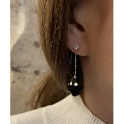 BOUCLES D'OREILLES PENDANTES ONYX + DIAMANTS OR JAUNE