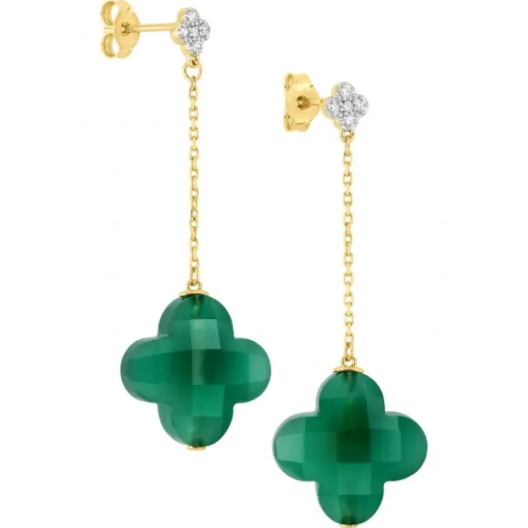BOUCLES D'OREILLES PENDANTES AGATE VERTE + DIAMANTS OR JAUNE