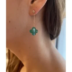 BOUCLES D'OREILLES PENDANTES AGATE VERTE + DIAMANTS OR JAUNE