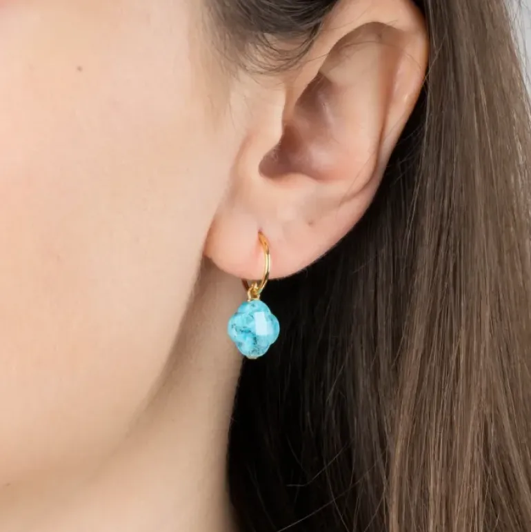 BOUCLES D'OREILLES TURQUOISE PETIT TREFLE OR JAUNE