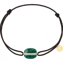 BRACELET AURORE CORDON CHOCOLAT AGATE VERTE COUSSIN + DIAMANTS OR JAUNE