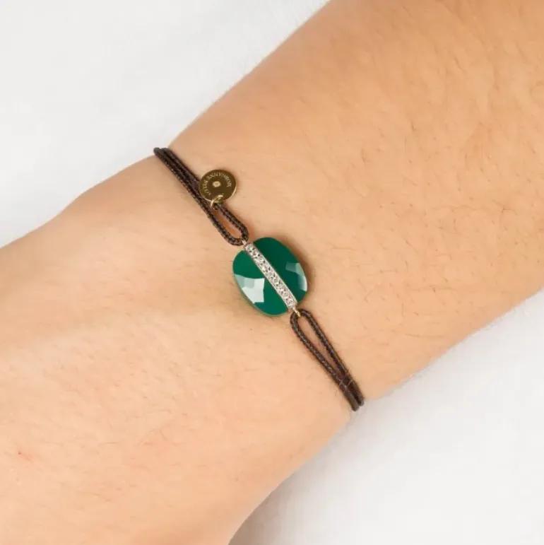 BRACELET AURORE CORDON CHOCOLAT AGATE VERTE COUSSIN + DIAMANTS OR JAUNE