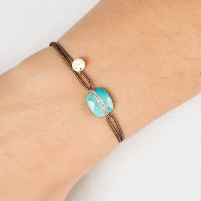 BRACELET AURORE CORDON TAUPE TURQUOISE COUSSIN + DIAMANTS OR JAUNE