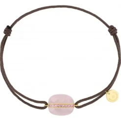 BRACELET AURORE CORDON TAUPE QUARTZ ROSE MILKY COUSSIN + SAPHIRS ROSES OR JAUNE