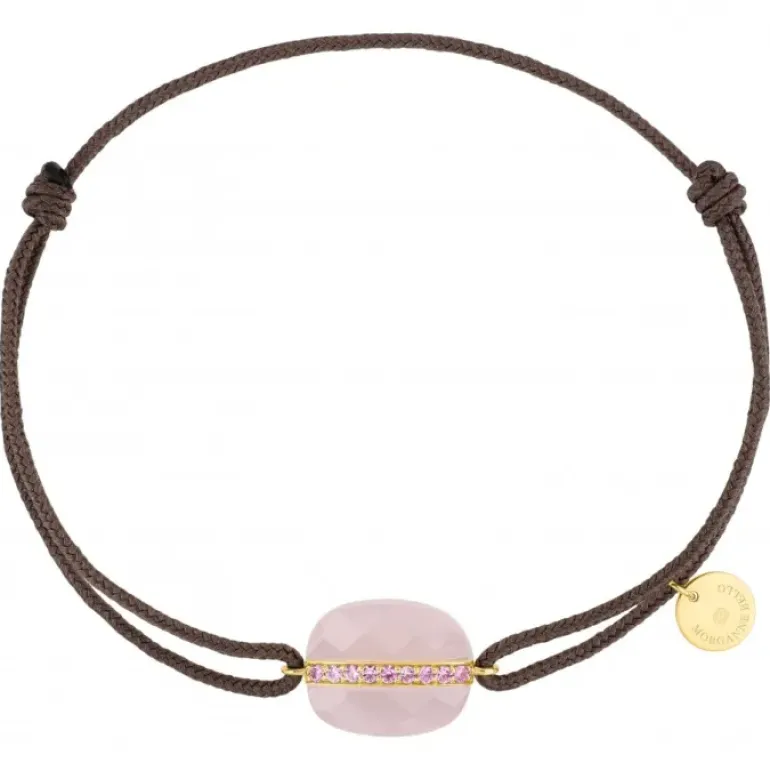BRACELET AURORE CORDON TAUPE QUARTZ ROSE MILKY COUSSIN + SAPHIRS ROSES OR JAUNE