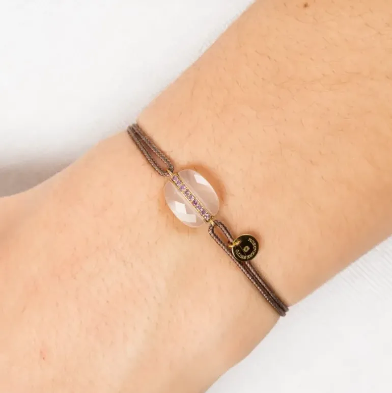 BRACELET AURORE CORDON TAUPE QUARTZ ROSE MILKY COUSSIN + SAPHIRS ROSES OR JAUNE
