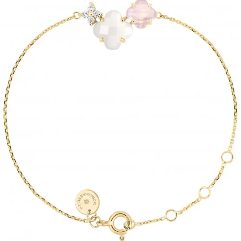 BRACELET BOUQUET NACRE BLANCHE ET QUARTZ ROSE + DIAMANTS OR JAUNE