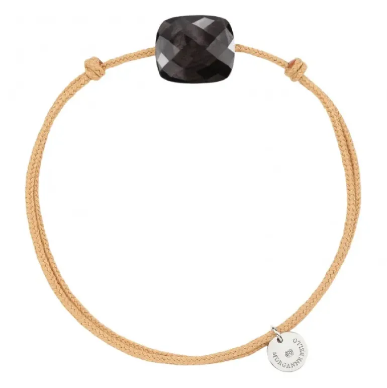 BRACELET CORDON BEIGE DORE COUSSIN PIERRE DE LUNE HYPERSTHENE