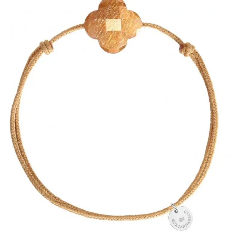 BRACELET CORDON BEIGE DORE TREFLE PIERRE DE SOLEIL