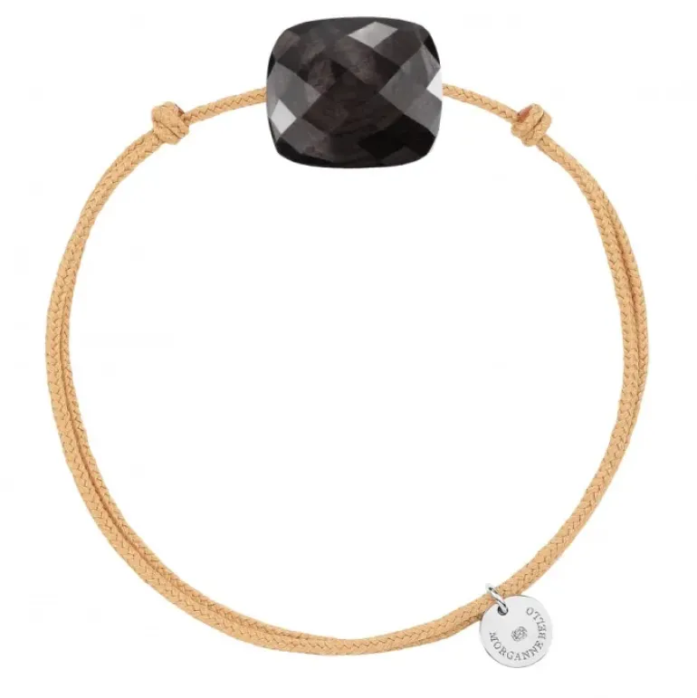 BRACELET CORDON BEIGE DORE ET COUSSIN OVERSIZE PIERRE DE LUNE HYPERSTHENE