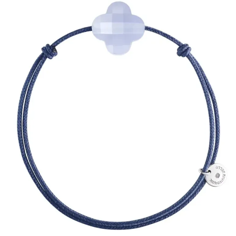 BRACELET CORDON BLEU JEAN TREFLE AGATE BLEUE DENTELLE