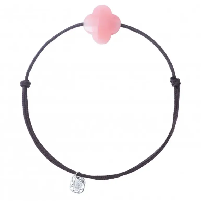 BRACELET CORDON BRUN TREFLE OPALE ROSE