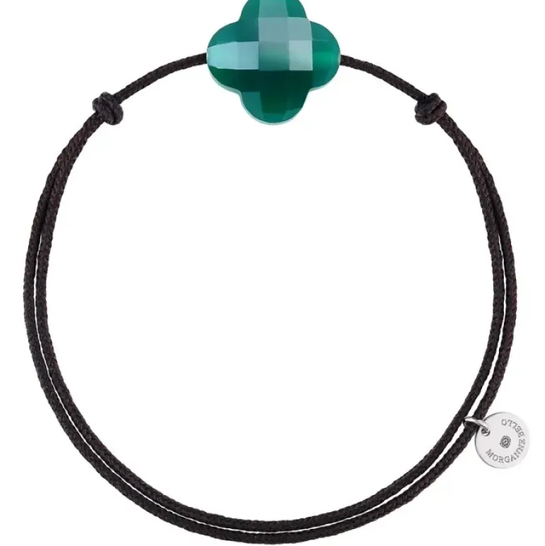 BRACELET CORDON CHOCOLAT TREFLE AGATE VERTE