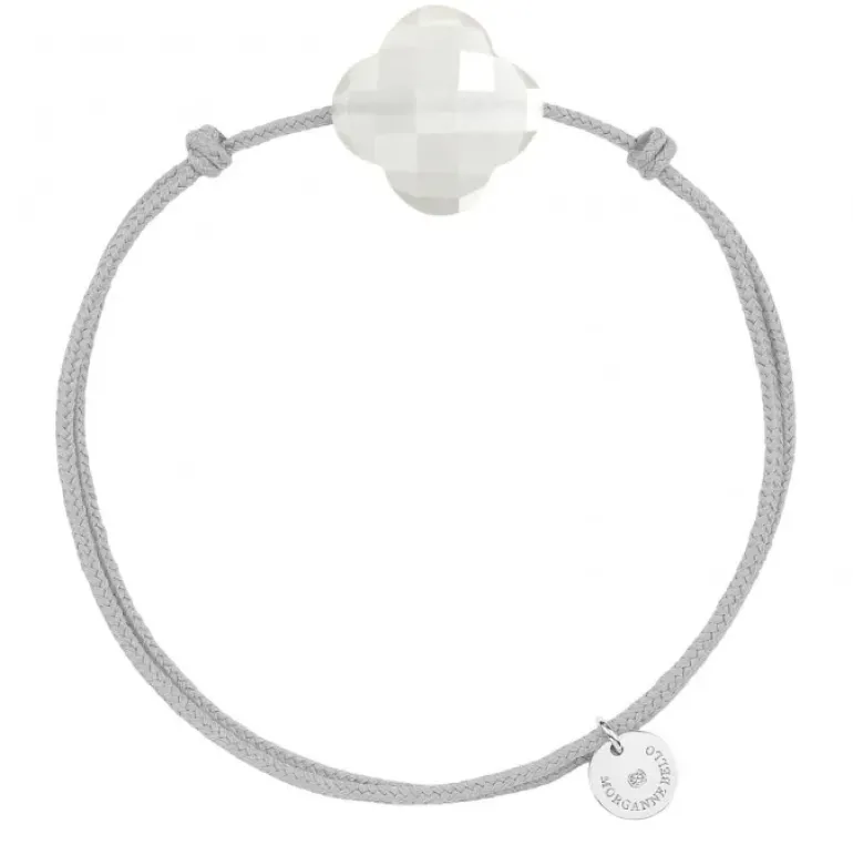 BRACELET CORDON GRIS SOURIS TREFLE PIERRE DE LUNE BLANCHE