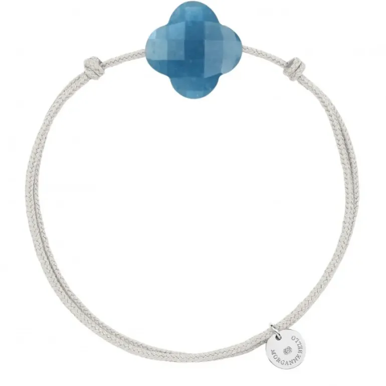 BRACELET CORDON GRIS SOURIS TRÈFLE QUARTZ BLEU