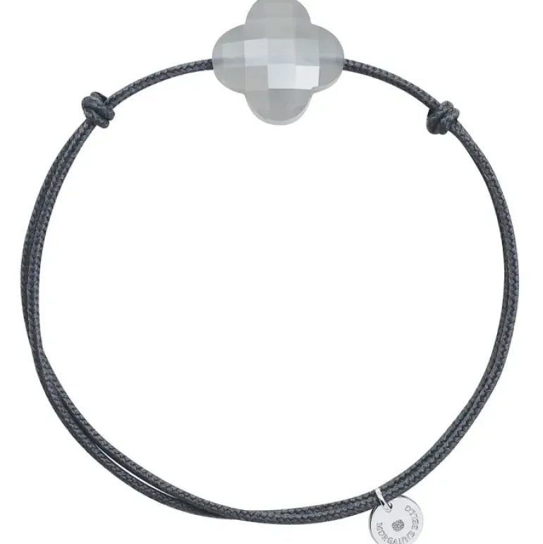 BRACELET CORDON GRIS TREFLE PIERRE DE LUNE GRISE