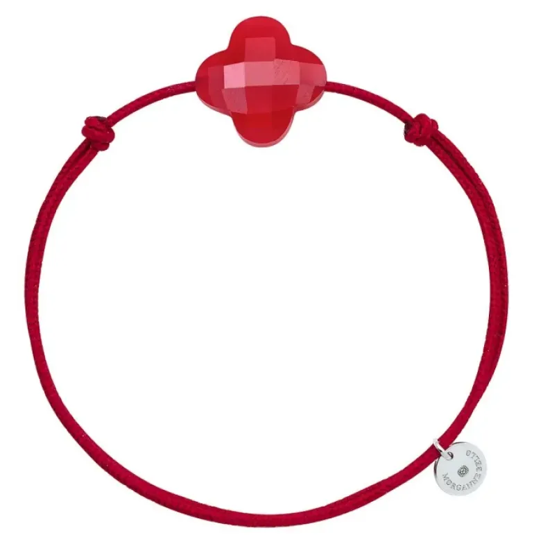 BRACELET CORDON ROUGE TREFLE QUARTZ ROUGE