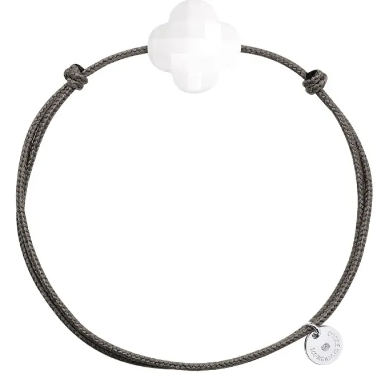 BRACELET CORDON TAUPE TREFLE AGATE BLANCHE