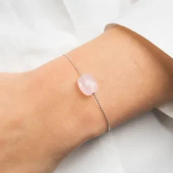 BRACELET OR BLANC COUSSIN QUARTZ ROSE POUDRE