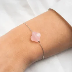 BRACELET OR BLANC TREFLE QUARTZ ROSE POUDRÉ
