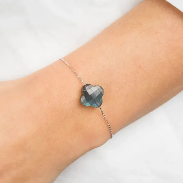 BRACELET OR BLANC TREFLE LABRADORITE