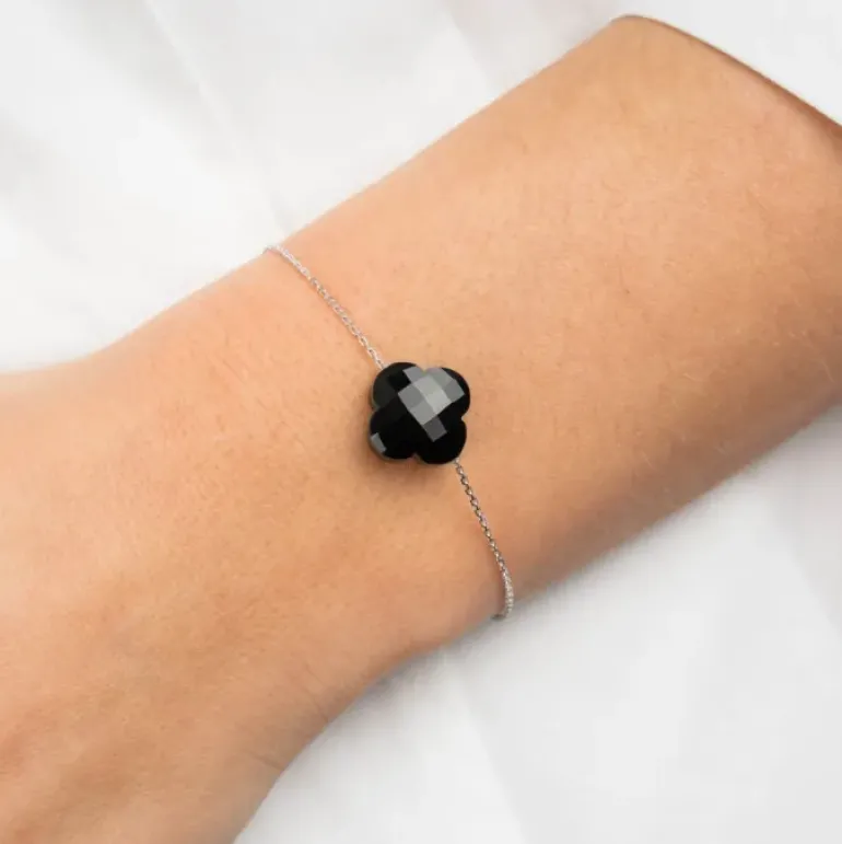 BRACELET OR BLANC TREFLE ONYX