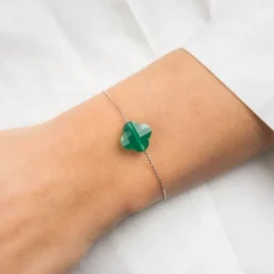 BRACELET OR BLANC TREFLE AGATE VERTE