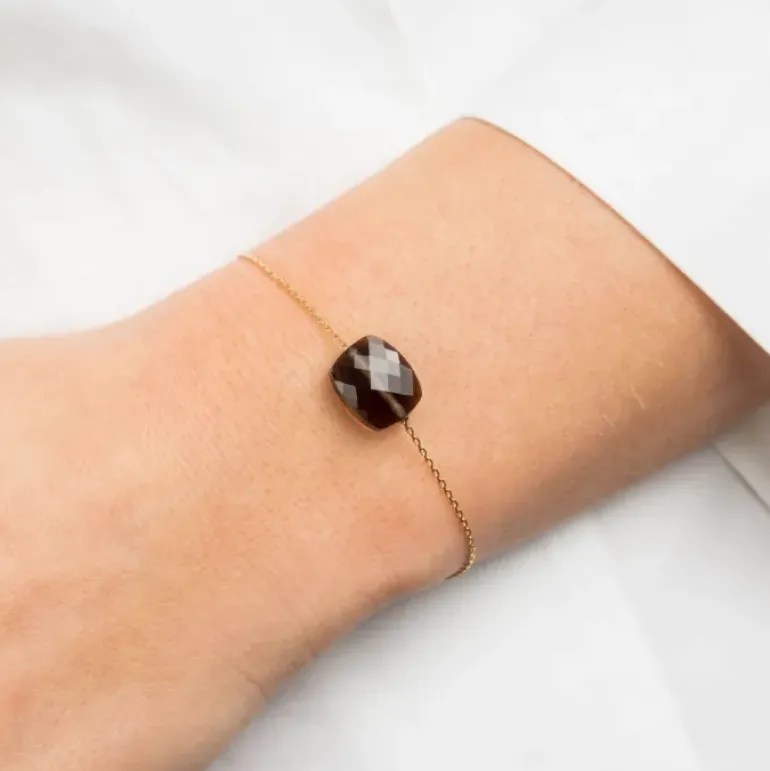 BRACELET OR JAUNE COUSSIN QUARTZ FUME