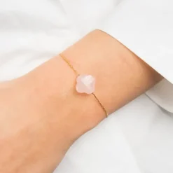 BRACELET OR JAUNE TREFLE QUARTZ ROSE POUDRE