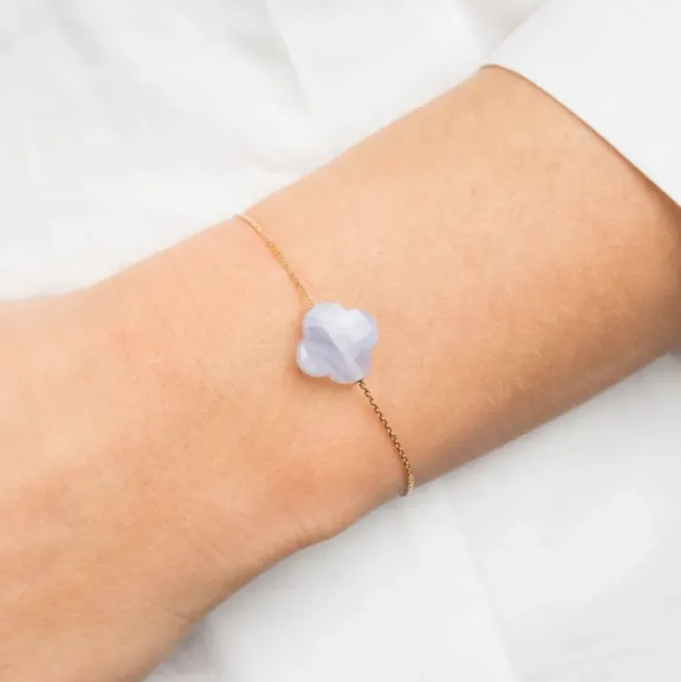 BRACELET OR JAUNE TREFLE AGATE BLEUE DENTELLE