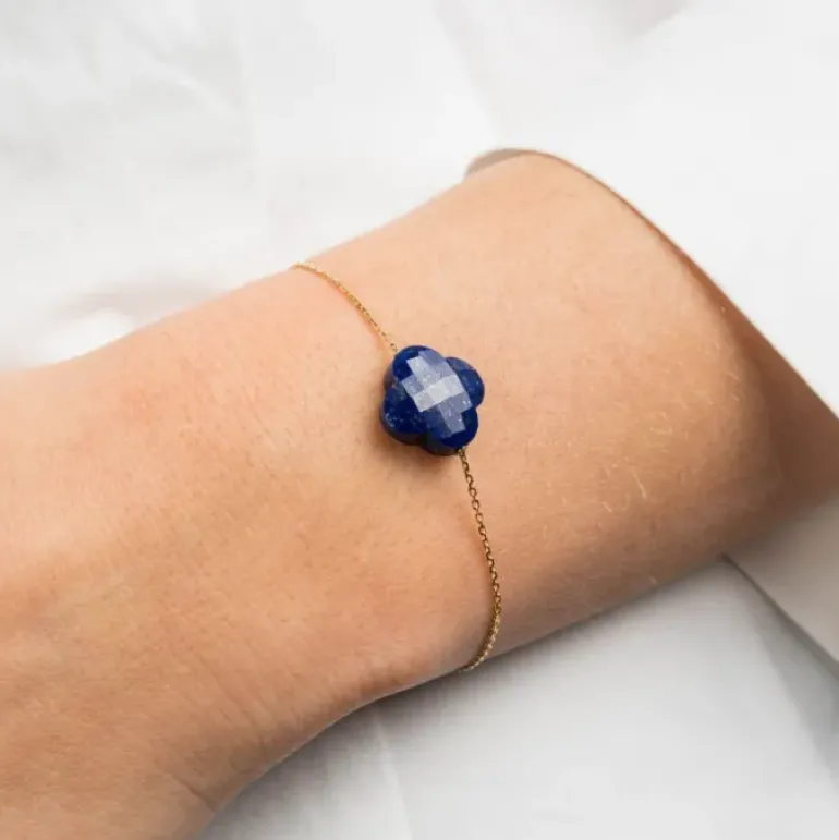 BRACELET OR JAUNE TREFLE LAPIS LAZULI