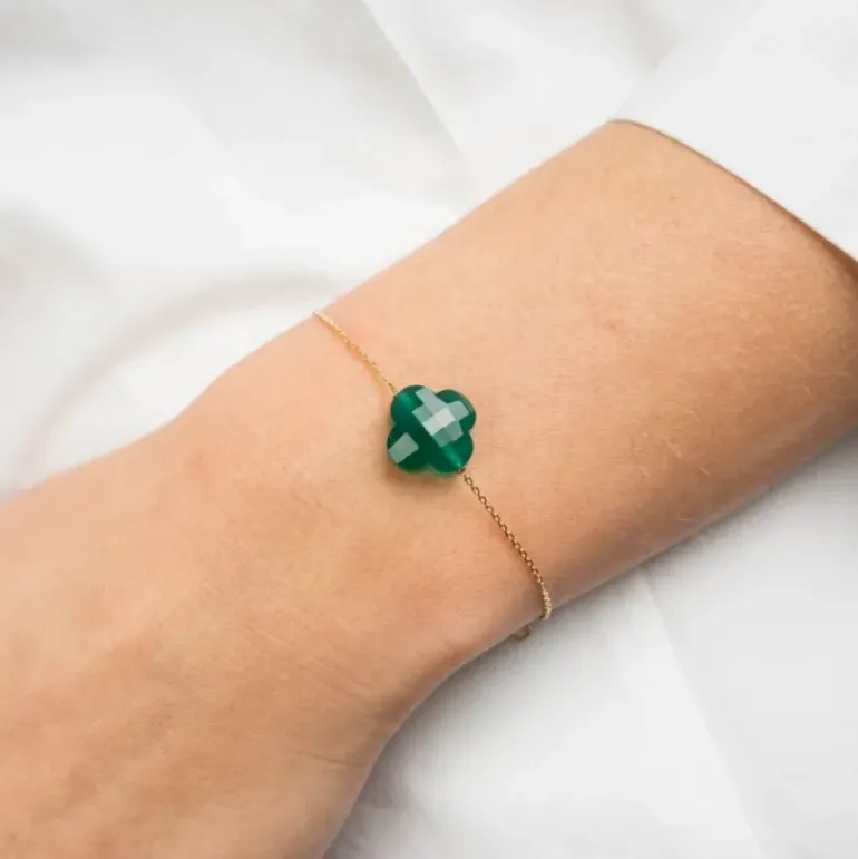 BRACELET OR JAUNE TREFLE AGATE VERTE