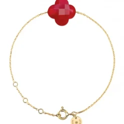BRACELET OR JAUNE TREFLE QUARTZ ROUGE