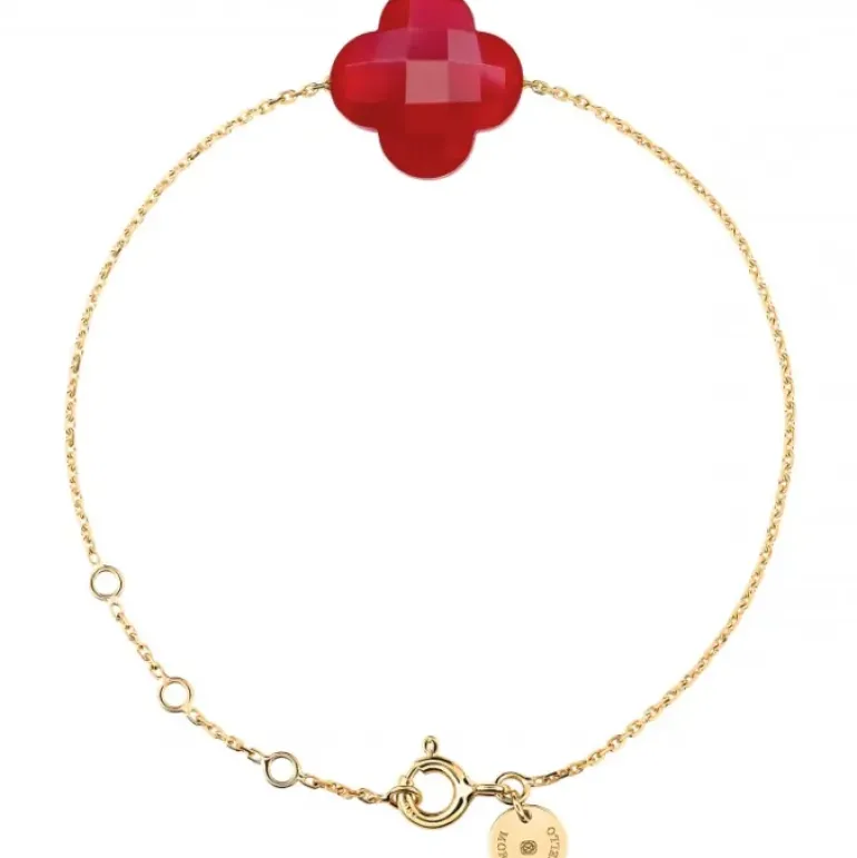 BRACELET OR JAUNE TREFLE QUARTZ ROUGE
