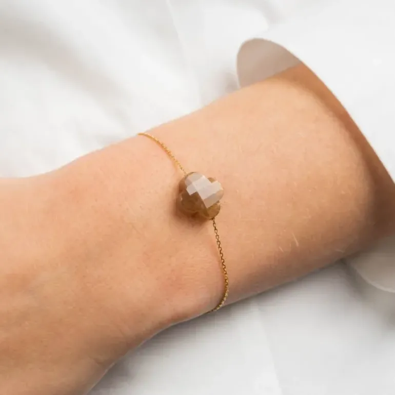 BRACELET OR JAUNE TRÈFLE PIERRE DE SOLEIL DORÉ