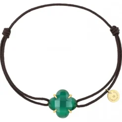 BRACELET VICTORIA CORDON CHOCOLAT AGATE VERTE OR JAUNE