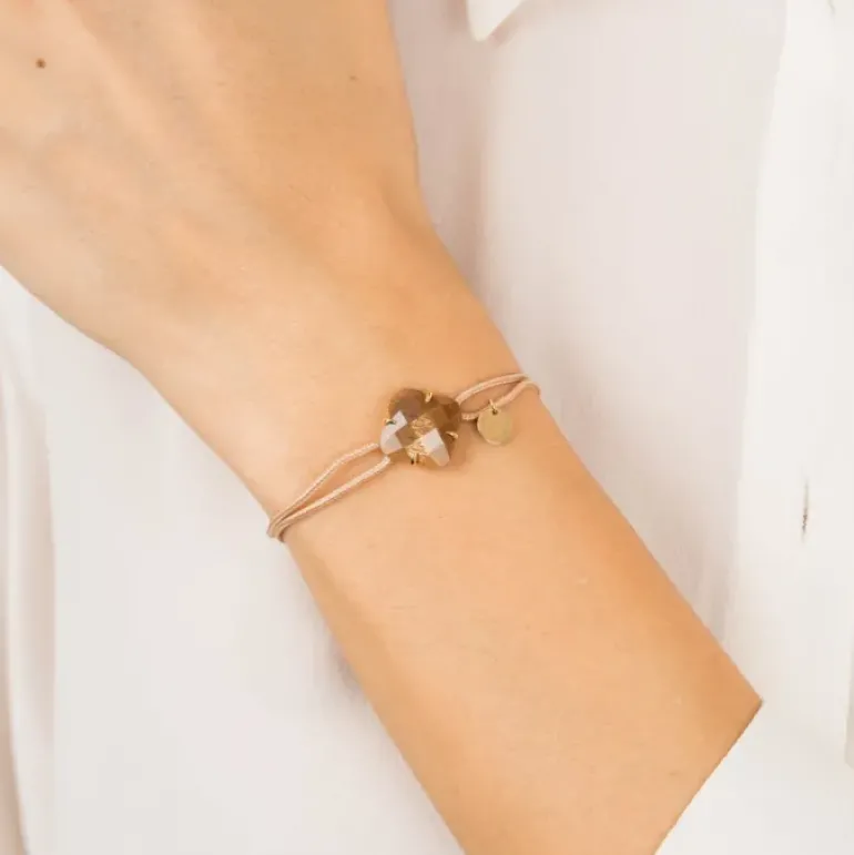 BRACELET VICTORIA CORDON BEIGE DORE PIERRE DE SOLEIL OR JAUNE
