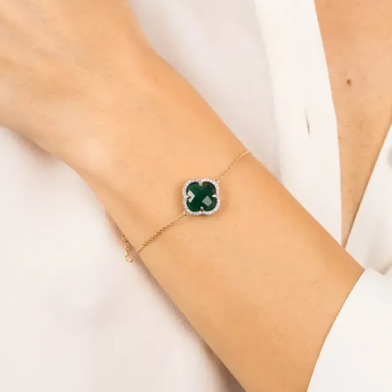 BRACELET VICTORIA DIAMANTS AGATE VERTE + DIAMANTS OR JAUNE
