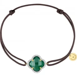 BRACELET VICTORIA DIAMANT CORDON CHOCOLAT AGATE VERTE OR JAUNE