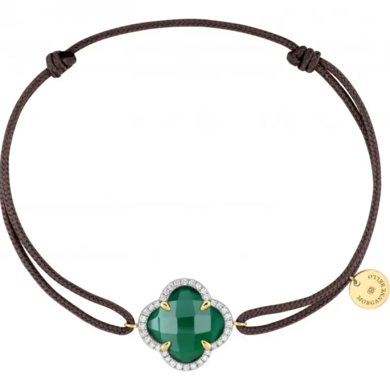 BRACELET VICTORIA DIAMANT CORDON CHOCOLAT AGATE VERTE OR JAUNE