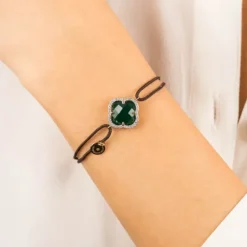 BRACELET VICTORIA DIAMANT CORDON CHOCOLAT AGATE VERTE OR JAUNE