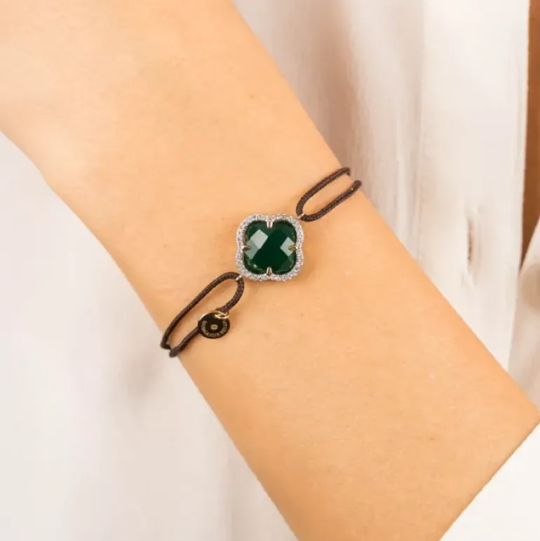 BRACELET VICTORIA DIAMANT CORDON CHOCOLAT AGATE VERTE OR JAUNE